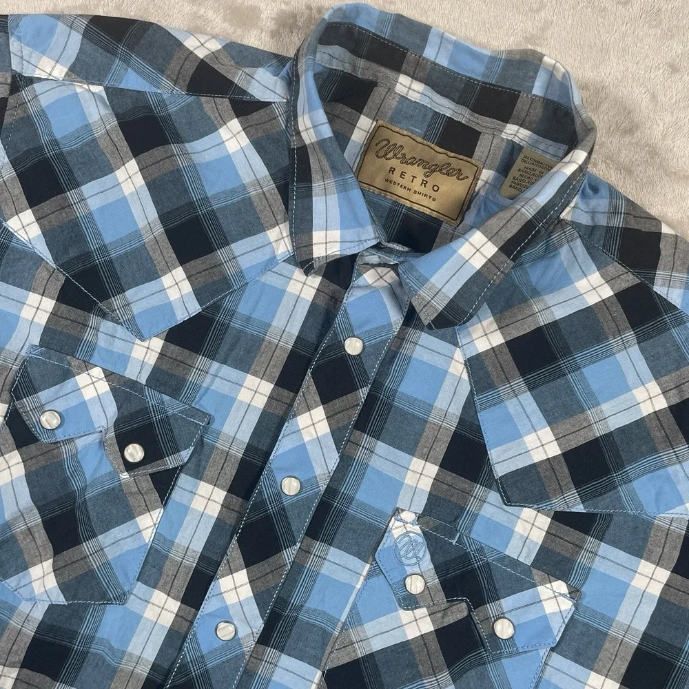 Wrangler Shirt Mens XLT Blue‎ Pearl Snap Up Western Rodeo Cowboy Ranch Country